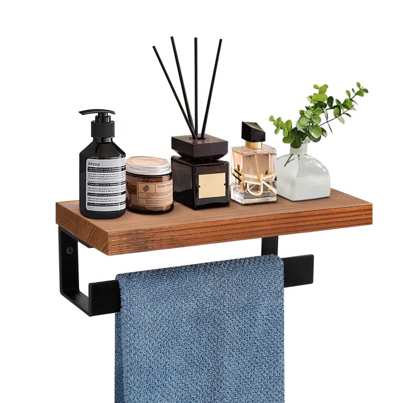 Winmien Hand Towel Holder/Towel Ring with Wooden Shelf, Premium Metal Hand Towel Rack, Hand Towel Hanger for Bathroom, Bath Accessories Wall Mounted (Matte Black, 9 Inch) - Image 1